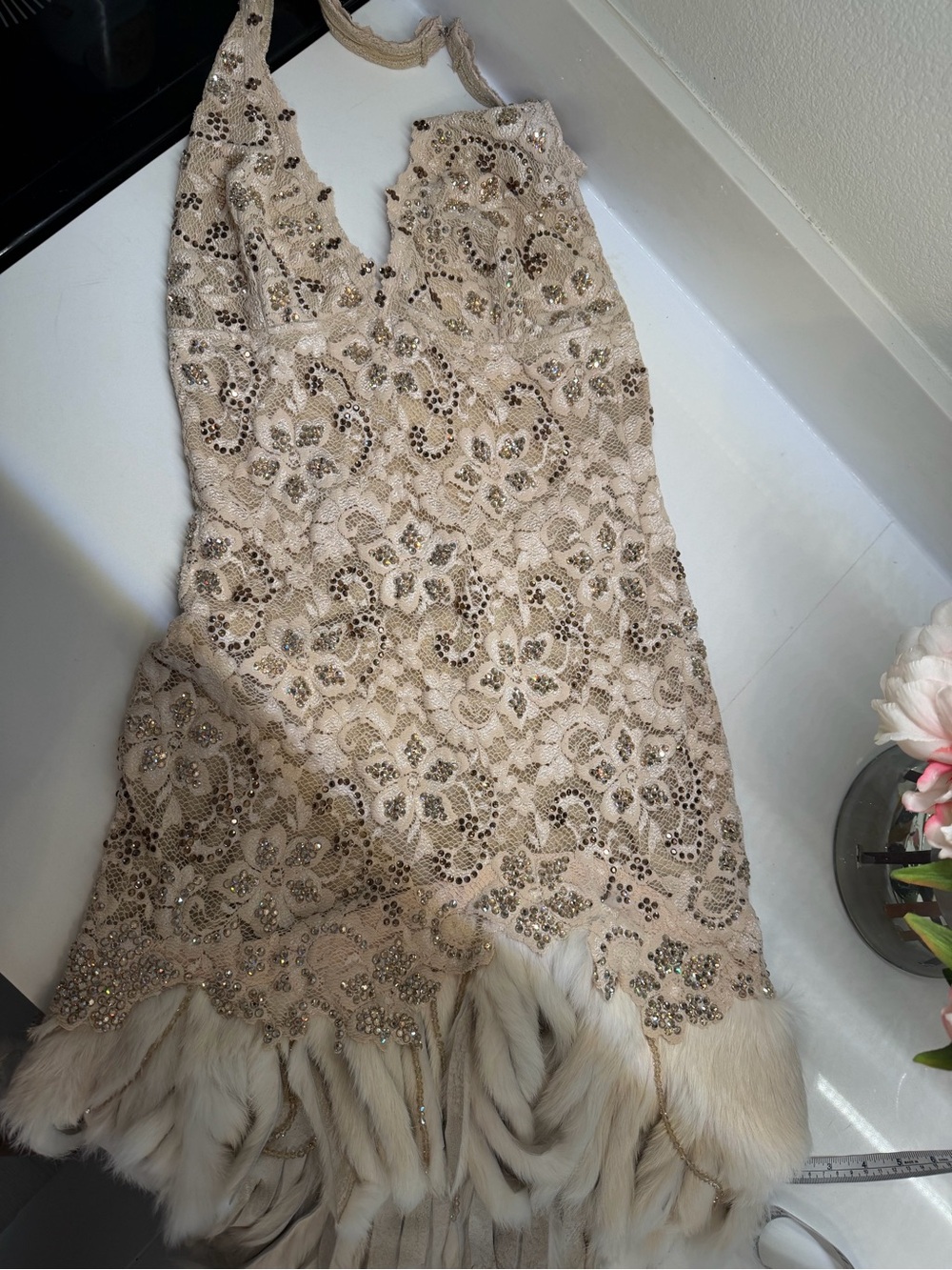 Nurielle Beige Sequin Lace Halter Dress with Fur Trim Swarovski crystals
